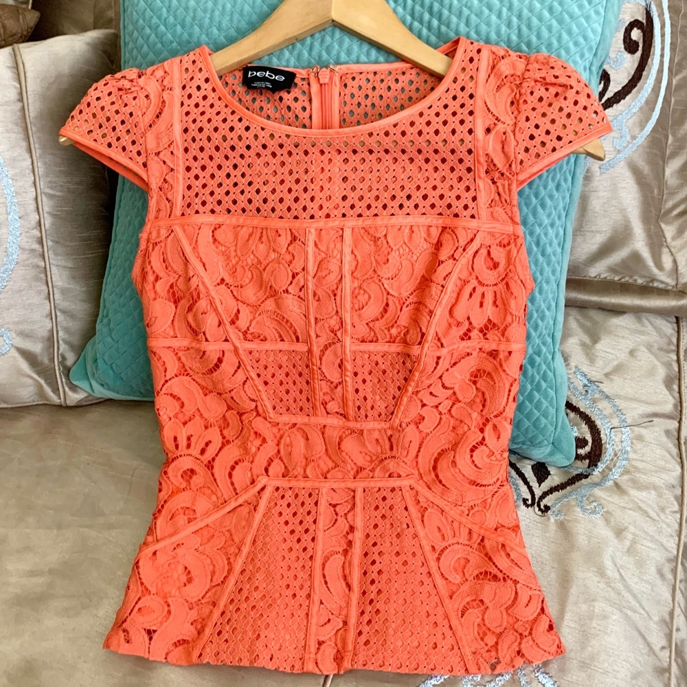Bebe Lace Eyelet Orange Peach Blouse Top